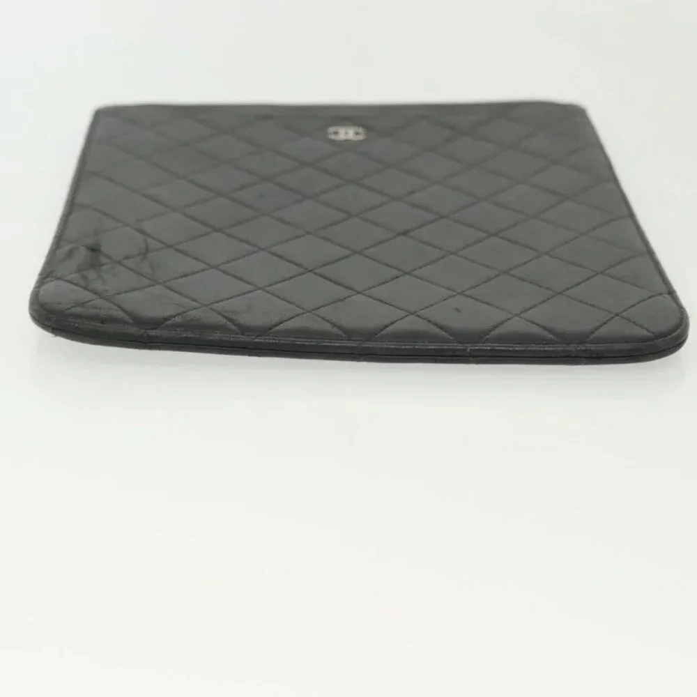 CHANEL Matelasse iPad Case Lamb Skin Black Silver CC Auth 141696
